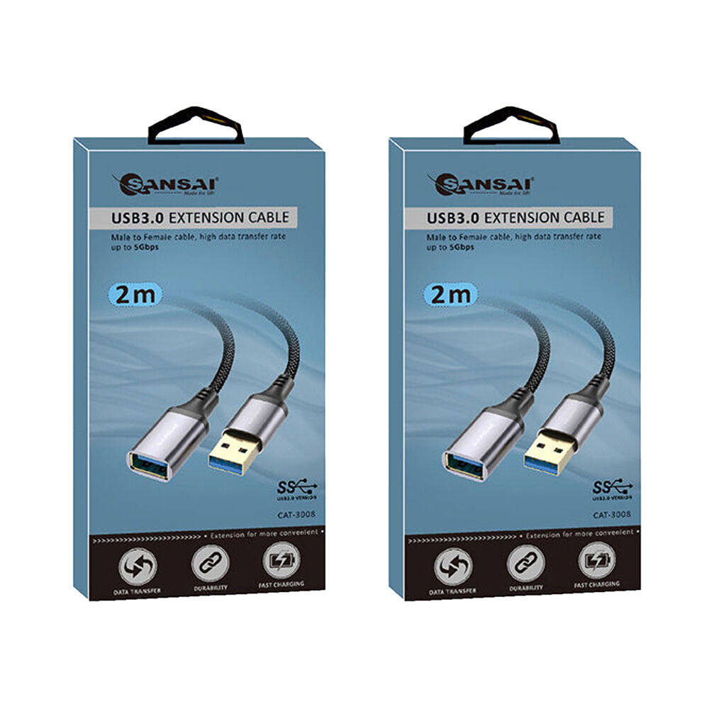 Sansai Heavy-Duty USB 3.0 Extension Cable USB-A Male to Female 2m Black/Grey (2 Pack)