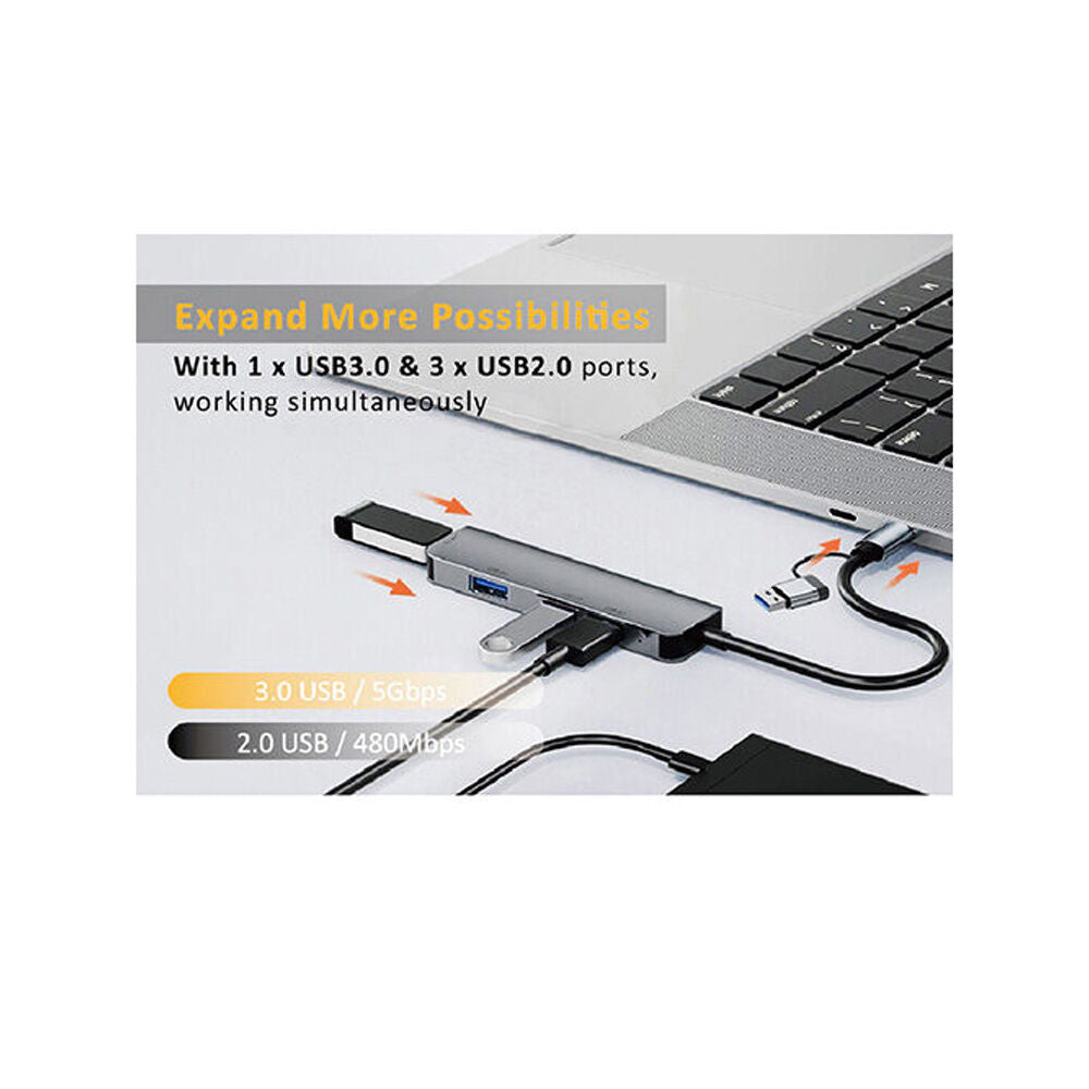 Sansai Grey 4 Port USB Hub for Laptop 1x Usb-a/c to 3x USB-A 2.0/1x 3.0 — image 3