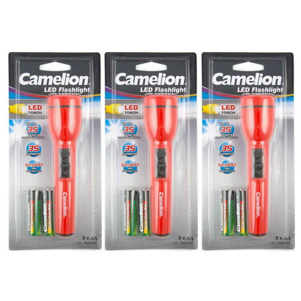 Camelion LED Torch Light 35LMCamping/Outdoor Flashlight w/2x AA Battery Red (3 Pack)