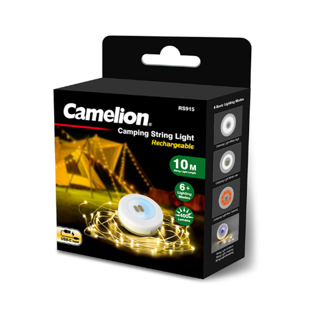Camelion 10m Retractable 2-in-1 Rechargeable Camping String Light White