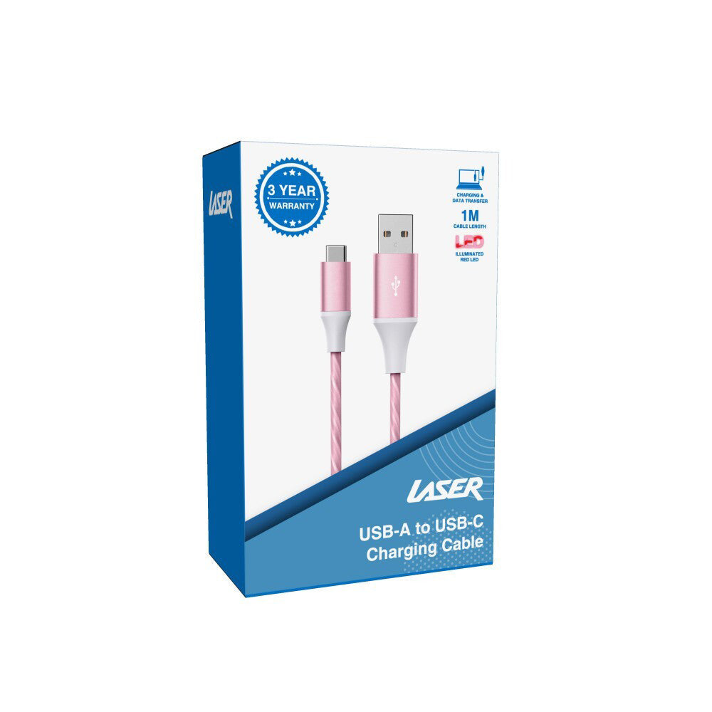 Laser LED USB-A to USB-C Charging Cable Cord 1m For Apple iPhone/Samsung Pink — image 2