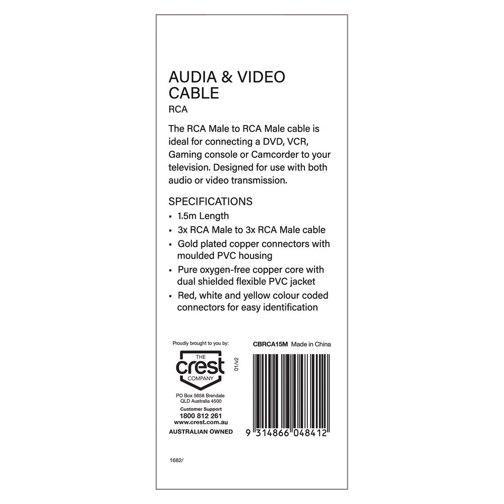 Crest 1.5m Male RCA Audio Visual Cable Connector For Tv/vcr/dvd Sound Plug Cord — image 3