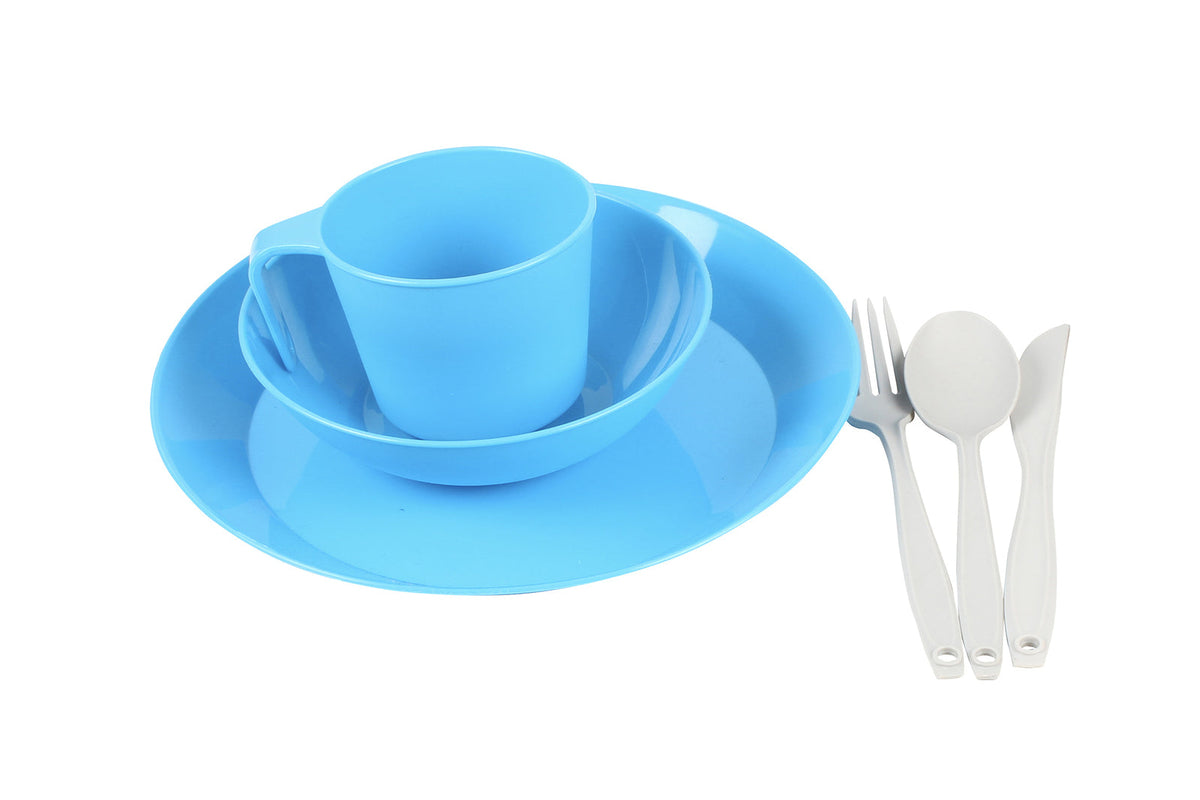 Wildtrak Plastic Camp Dinner Set 6pc With Net Bag Camping Tableware Cutlery