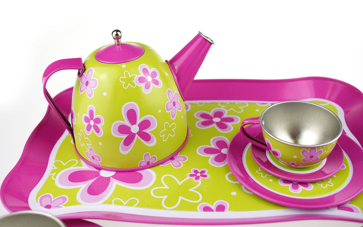 Kaper Kidz 15pc Lime Daisy Tin Tea Set Kids Pretend Play Toy — image 4