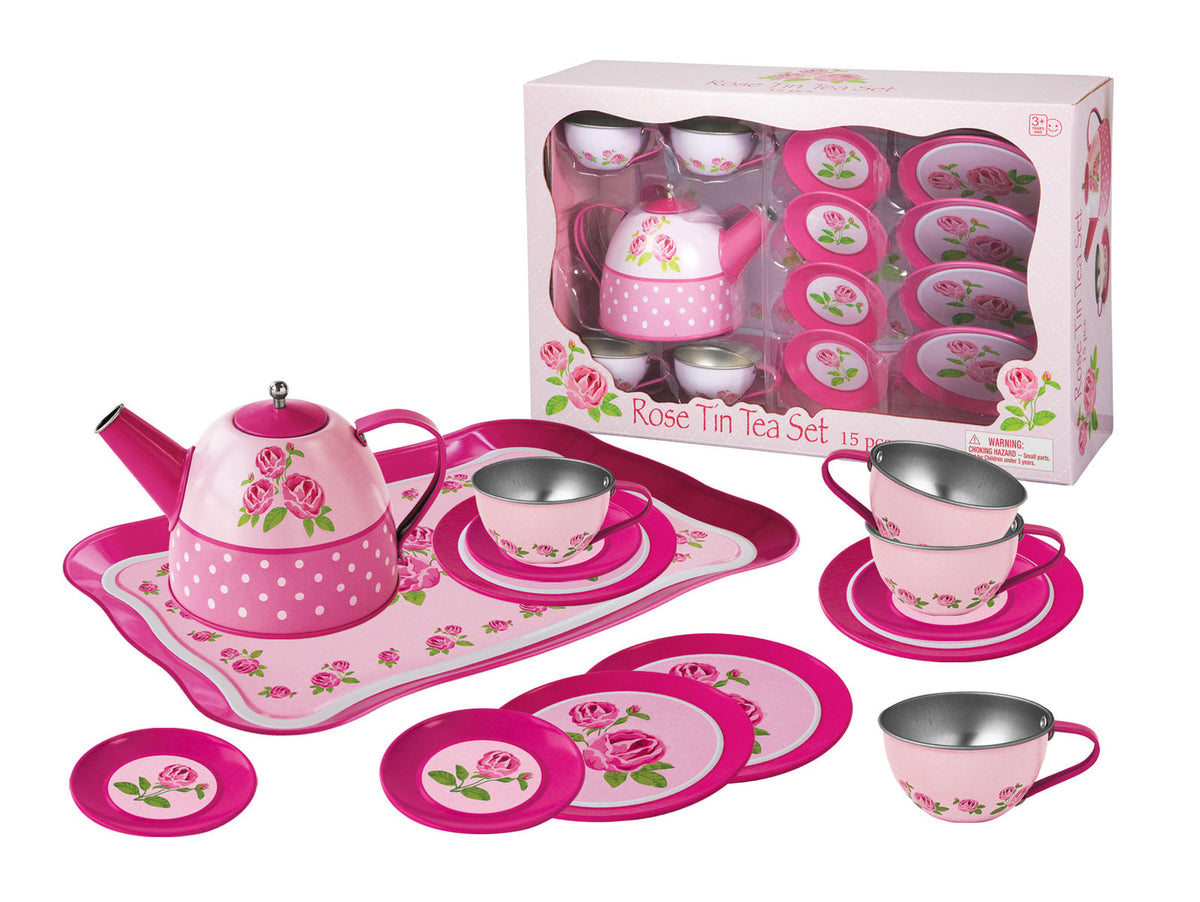 Kaper Kidz Children/Kids Rose Themed Pretend Play Tin Teacup/Teapot Set 3+ (15 Pieces)