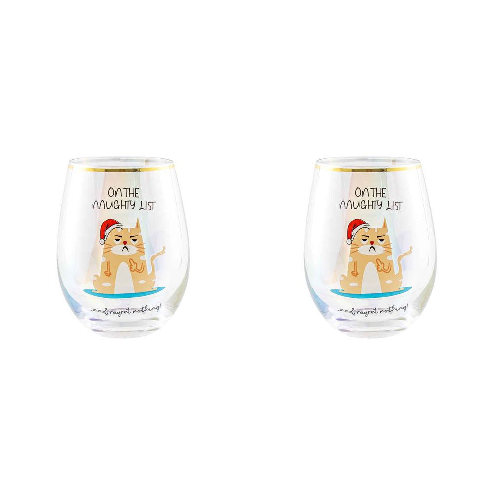 LMD Novelty Christmas On The Naughty List And 600ml Stemless Wine Glass Tumbler (2 Pack)