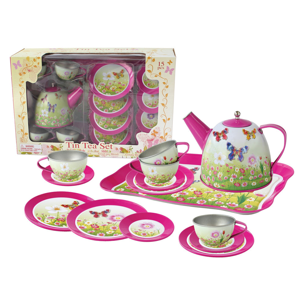 Kaper Kidz Pink Butterfly Tin Tea Set 15 Pieces Pretend Play Kids 3y+