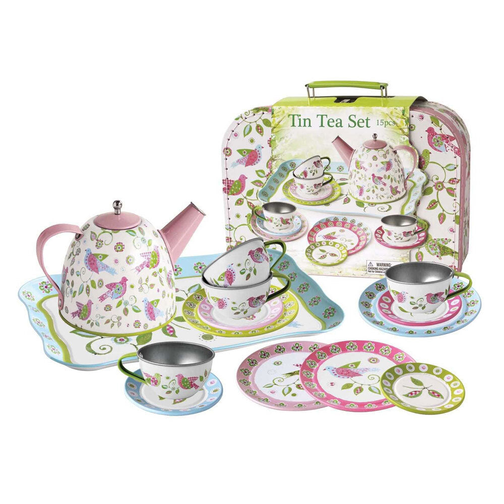 Kaper Kidz Bird Tin Tea Party Set Suitcase Kids Pretend Play Teatime Toy 3y+ (15 Pack)