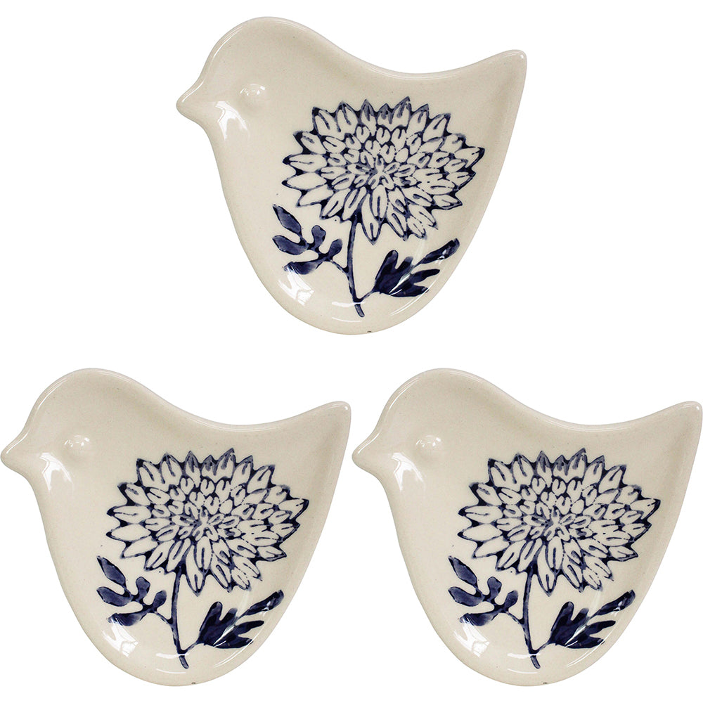 LVD Ceramic Ornament Folk Bird Dish Bloom Indigo Decorative Statue Home Decor (3 Pack)