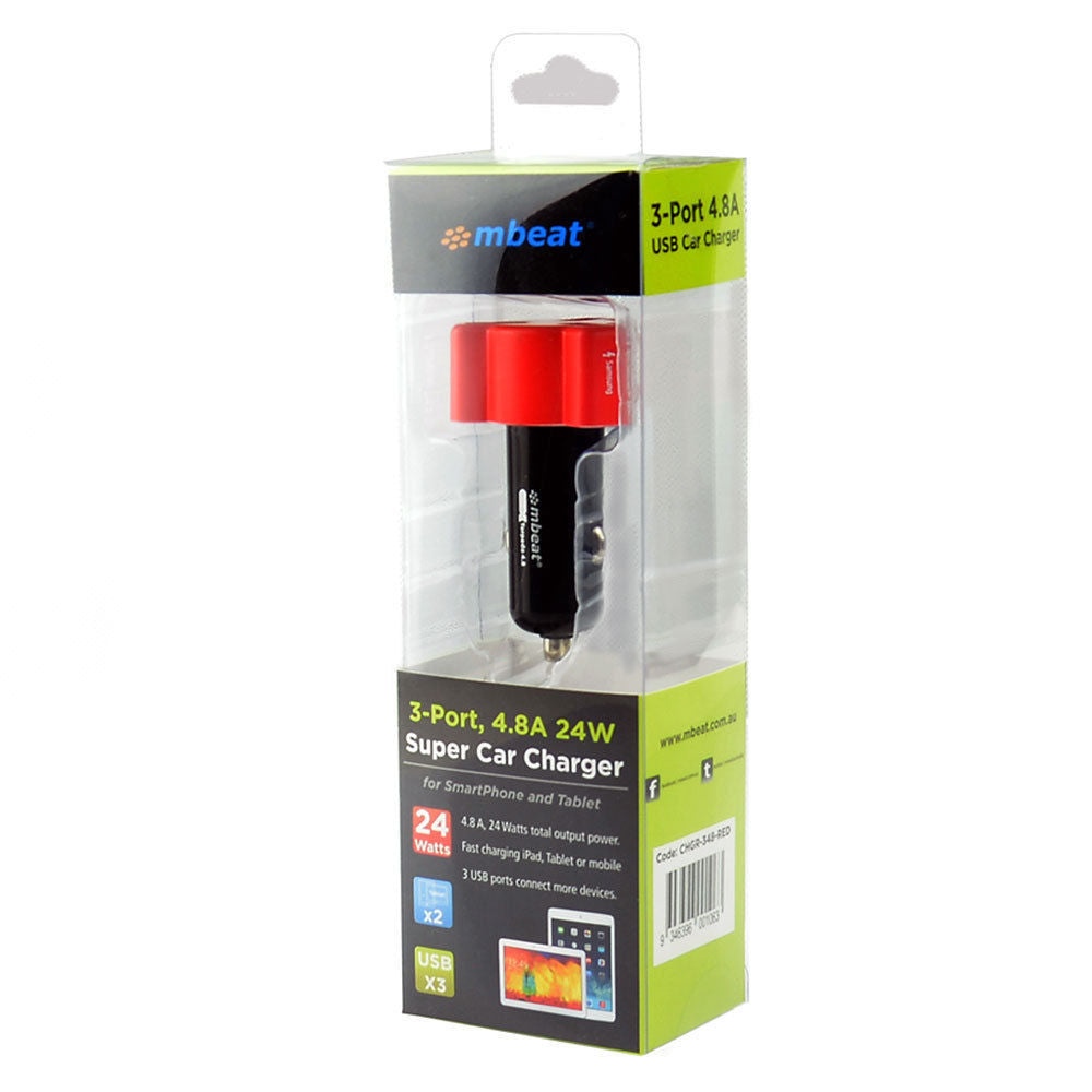Mbeat Triple Port Rapid Car Charger 3 USB 4.8A/24W for Samsung/iPad/iPhone Red — image 3