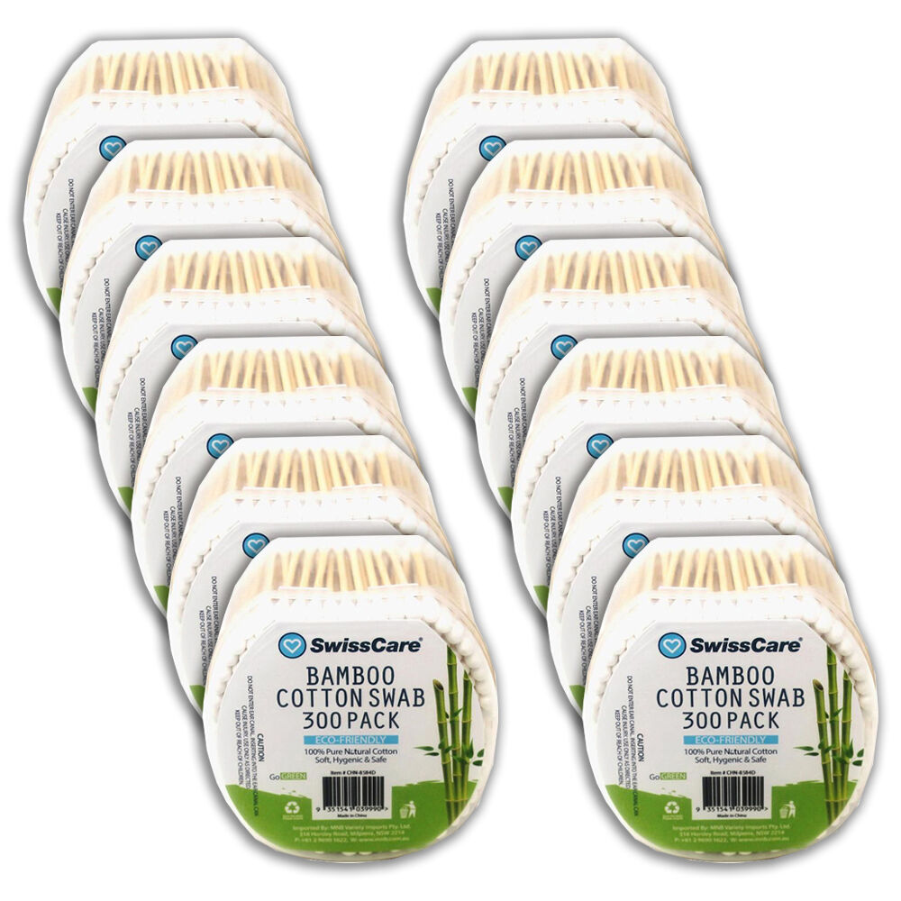 Swisscare 300pc SwissCare Cotton Q-Tip Swab Ear Cleaning Wooden Stick Buds Bamboo (12 Pack)