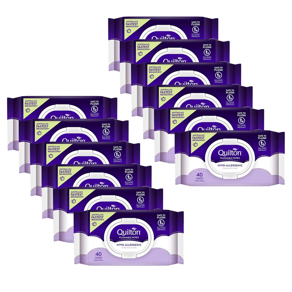 Quilton 40pc Quilton Flushable Wet Wipes Hypo-Allergenic Fragrance Free 20x15cm (12 Pack)