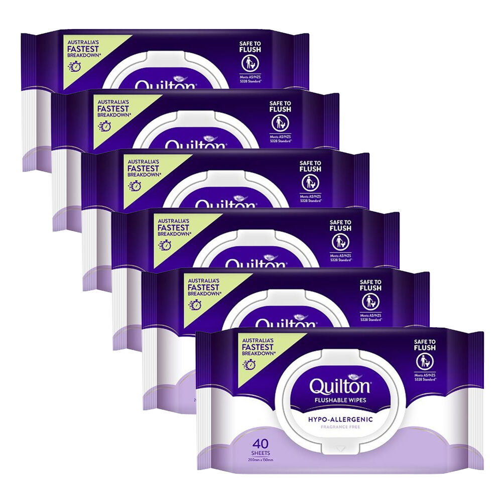 Quilton 6x 40pc Quilton Flushable Wet Wipes Hypo-Allergenic Quick Breakdown Safe To Flush