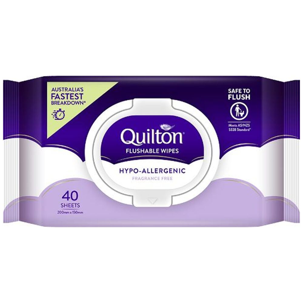 Quilton 6x 40pc Quilton Flushable Wet Wipes Hypo-Allergenic Quick Breakdown Safe To Flush — image 2
