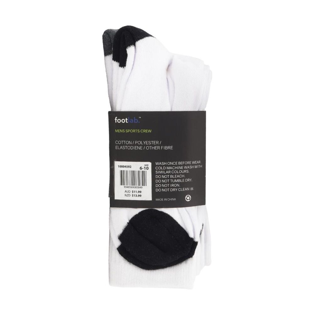 Footlab Men's Socks Sports Crew w/ Arch Support Shoe Size 6-10 White (5 Pack) — image 2
