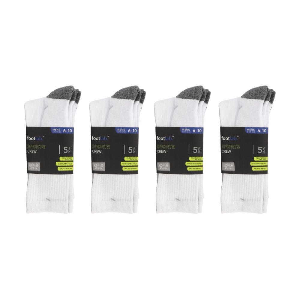 Footlab 5PK Footlab Men's Socks Sports Crew w/ Arch Support Shoe Size 6-10 White (4 Pack)