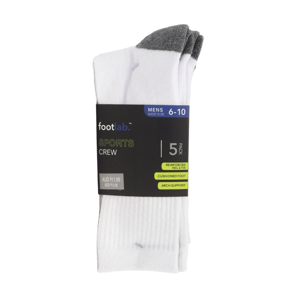 Footlab 5PK Footlab Men's Socks Sports Crew w/ Arch Support Shoe Size 6-10 White (4 Pack) — image 2