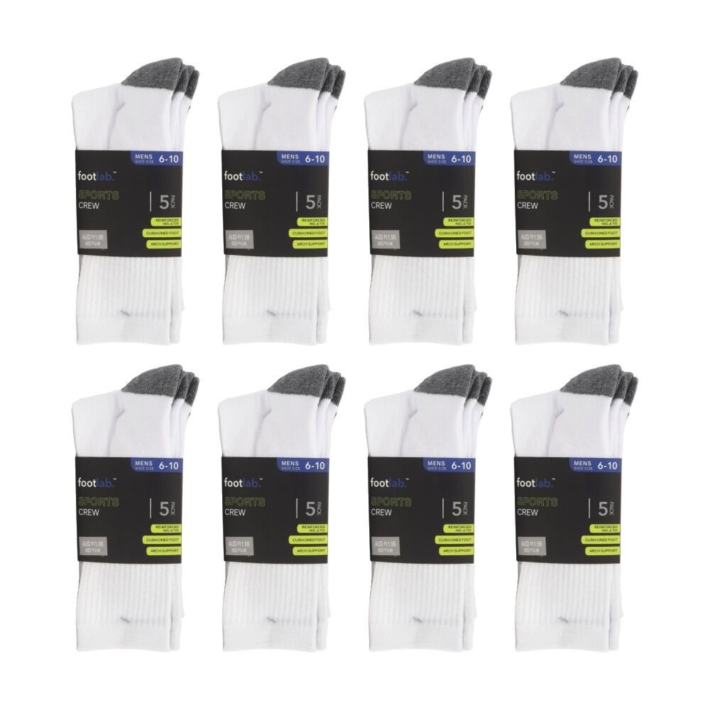Footlab 5PK Footlab Men's Socks Sports Crew w/ Arch Support Shoe Size 6-10 White (8 Pack)