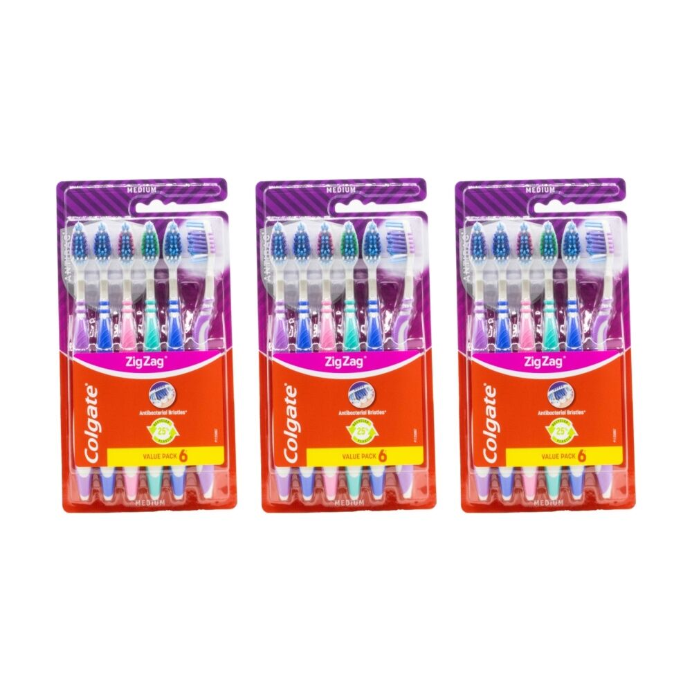 Colgate 6pc Colgate Zig Zag Antibacterial Bristles Toothbrushes Set Medium (3 Pack)