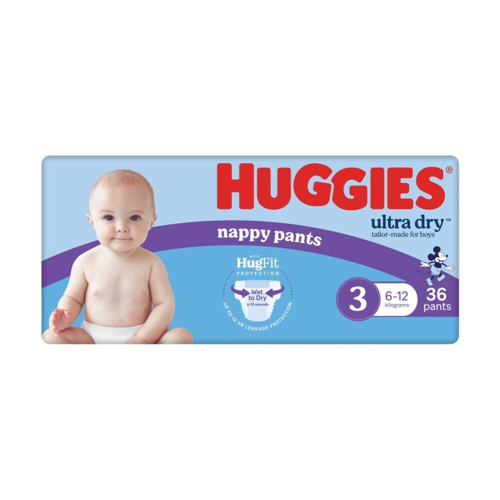 Huggies Ultra & Rapid Dry Nappy Pants Size 3 Boys 6-12kg (36 Pieces)