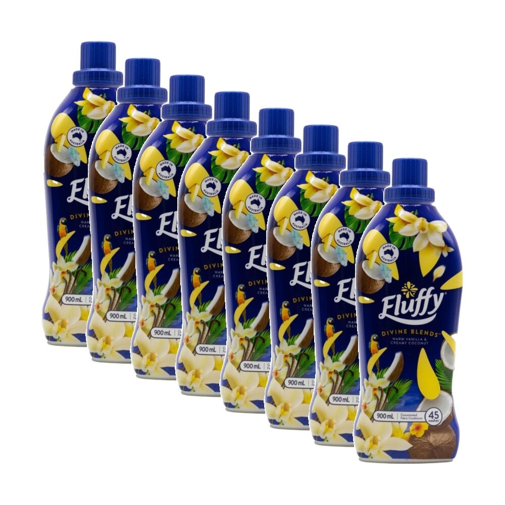 Fluffy Concentrated Laundry Fabric Conditioner 900mL Vanilla & Coconut (8 Pack)