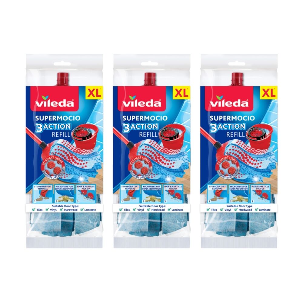 Vileda SuperMocio 3 Action Mop Refill Extra Long Three Cleaning Zones (3 Pack)