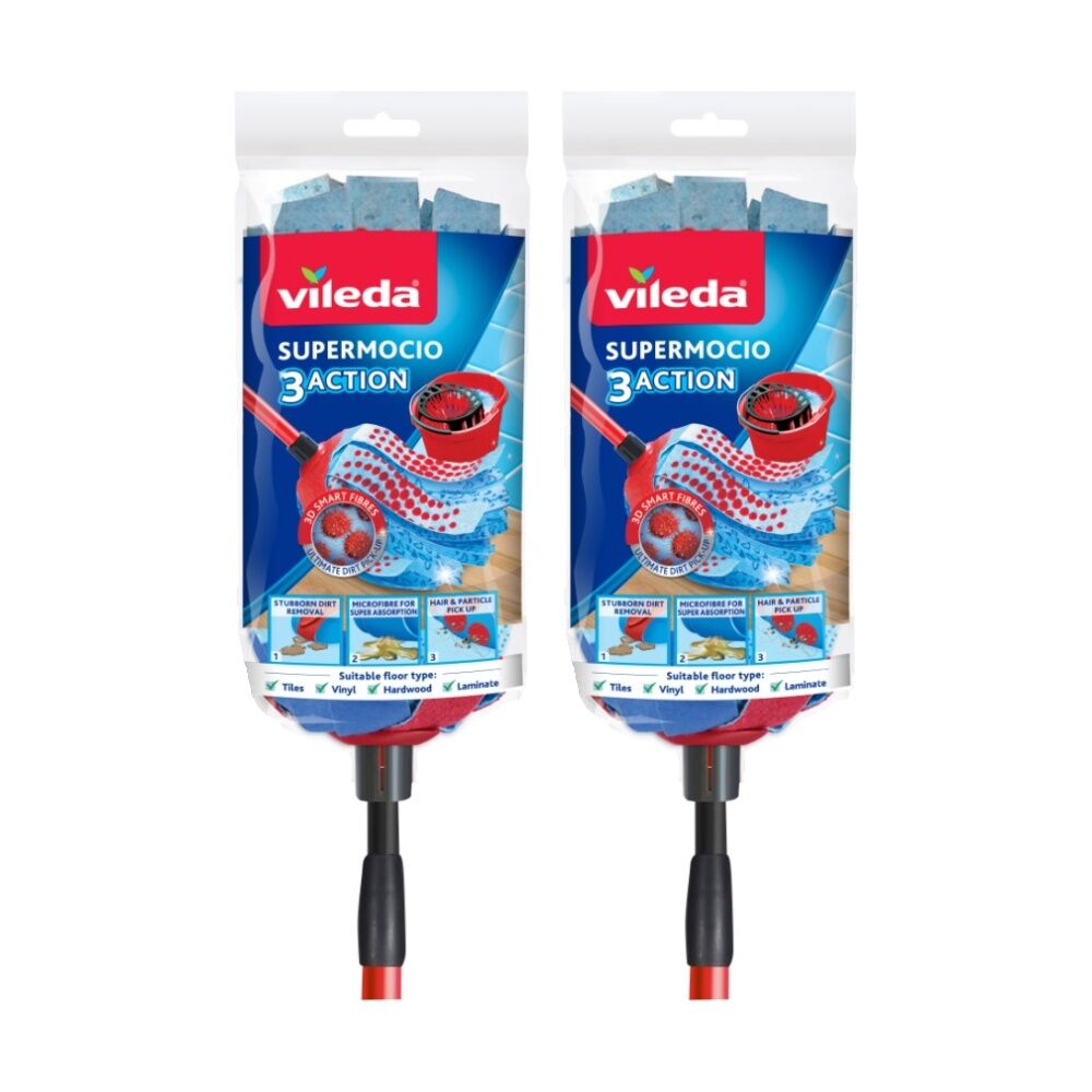 Vileda SuperMocio 3 Action Mop Telescopic Handle Three Cleaning Zones (2 Pack)