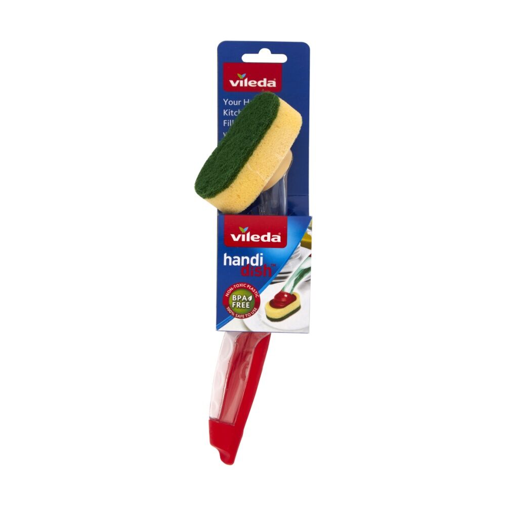 Vileda Handi Dish Refillable Dish Handle - Ergonomic Soap Dispensing Handle with Heavy Duty Scouring Head - BPA Safe Kitchen Cleaning Tool - Twist