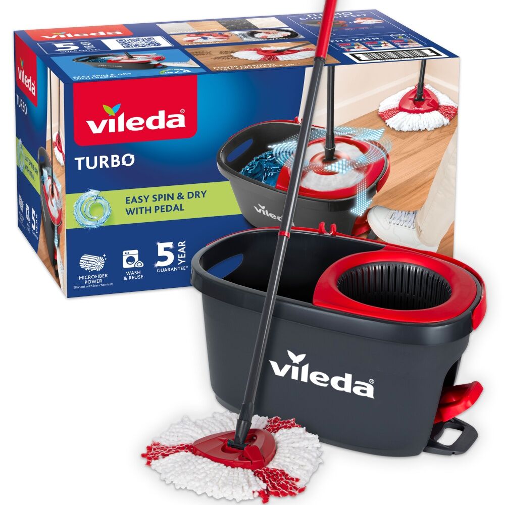 Vileda Easy Wring and Clean Turbo Spin Mop and Bucket Set - Quick Spin Pedal - Textured Red and White Mop Head - Black Bucket with Red Wringer - — image 2