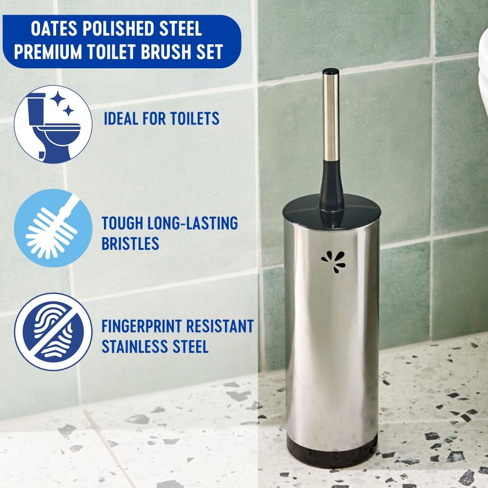 Oates Polished Steel Premium Toilet Brush Set Fingerprint Resistant Oates — image 2