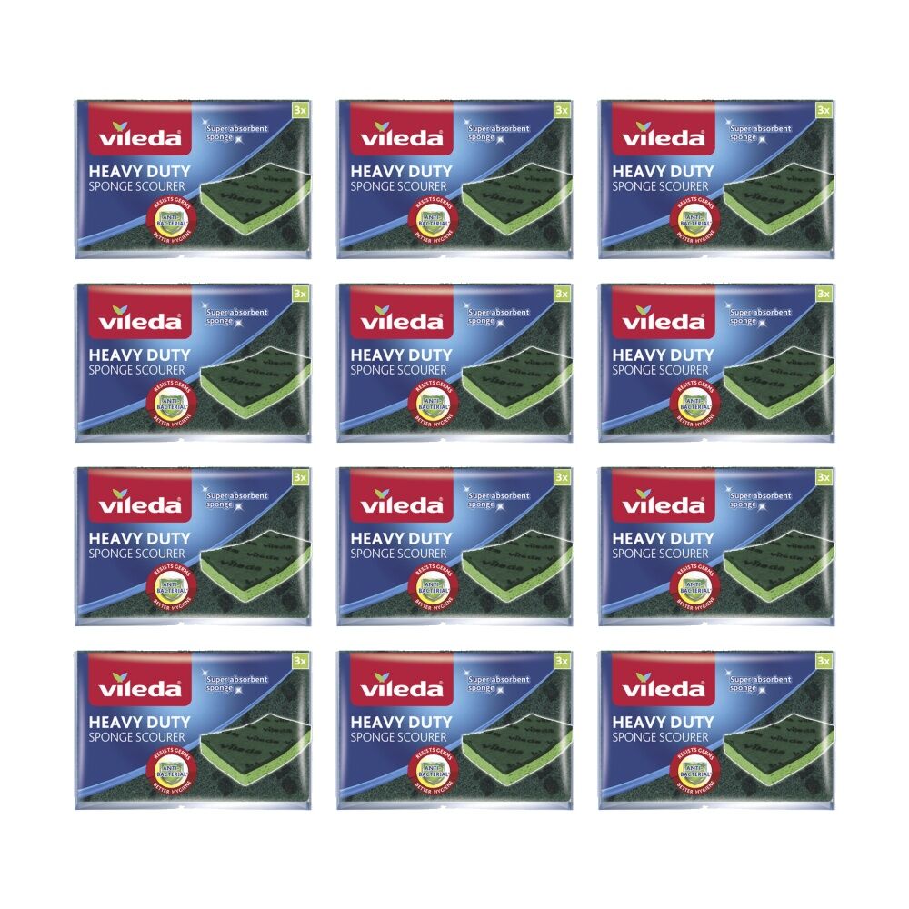 Vileda 12x3pc Vileda Anti-Bac Cellulose Heavy Duty Sponge Scourer Antibacterial (12 Pack)