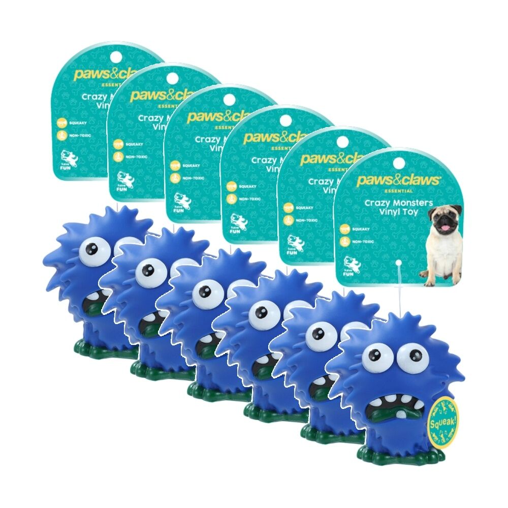 Paws and Claws Vinyl Crazy Monster Squeaky Dog Pet Toy 9.5x8.5cm Assorted (6 Pack)
