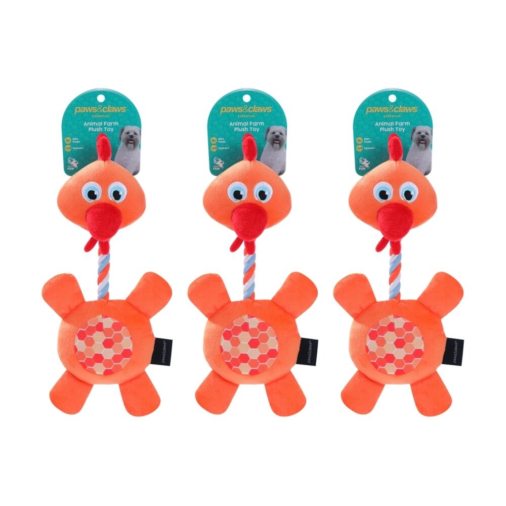 Paws and Claws Plush Farm Animals Dog Pet Toy 31-35cm w/ Squeaker Assorted (3 Pack)