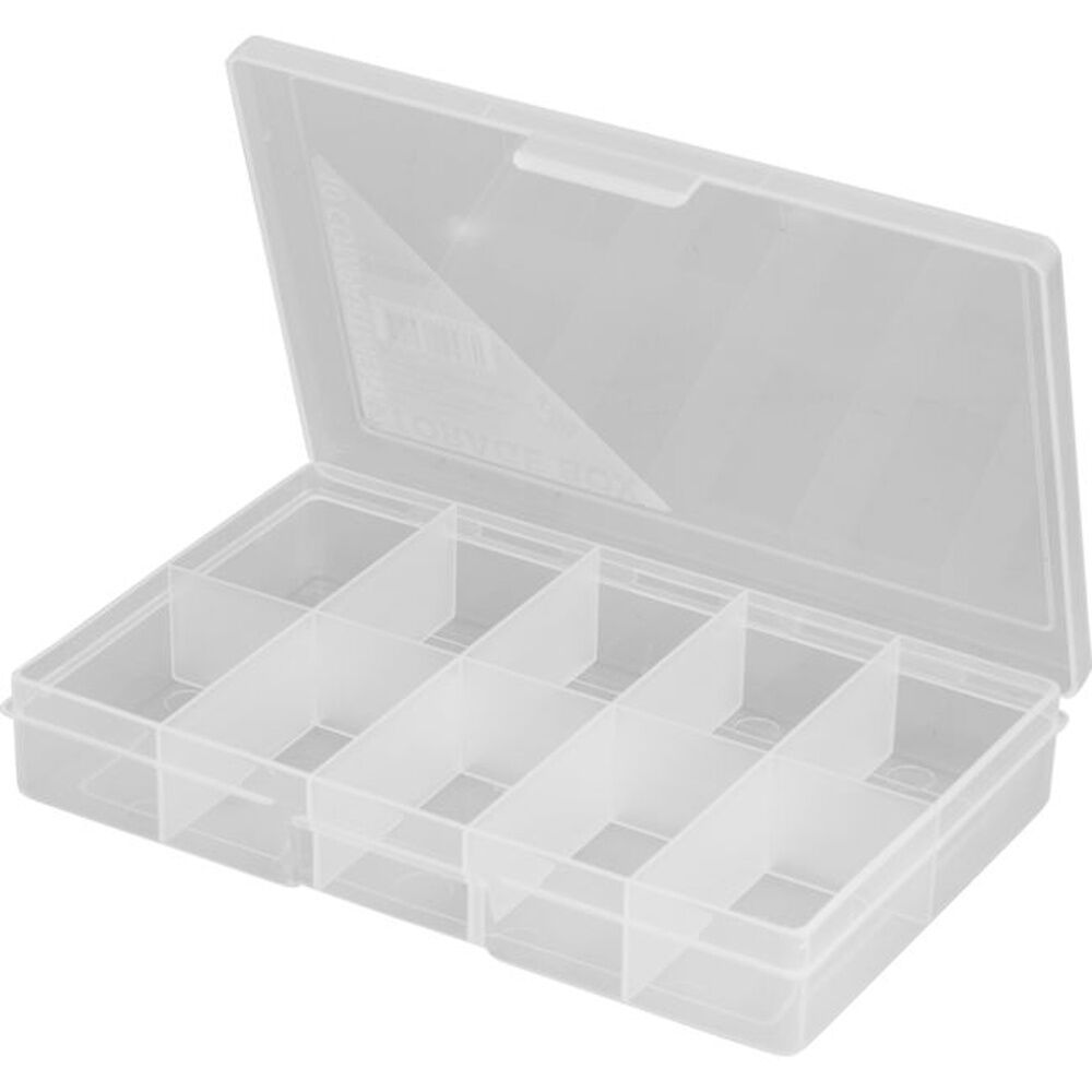 Fischer Plastic 10 Compartment Storage Box Small Plastic Case - Organiser Box For Tool Storage - Hinged Lid - 10 Compartments W35mm x D55mm x H28mm -