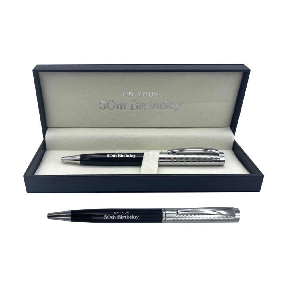 Gibson Gifts 50th Birthday Pen - Elegant Black And Silver Ballpoint Keepsake - Padded Gift Box Presentation - Milestone Pen - Stationery - Birthday
