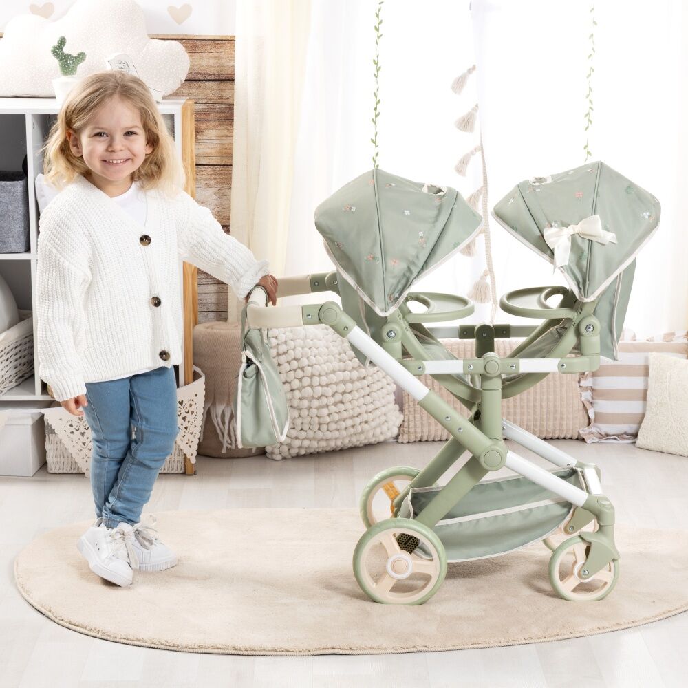 Bayer Xeo Twin Doll Pram Adjustable Handle Foldable Soft Sage Green 46cm Bayer — image 2