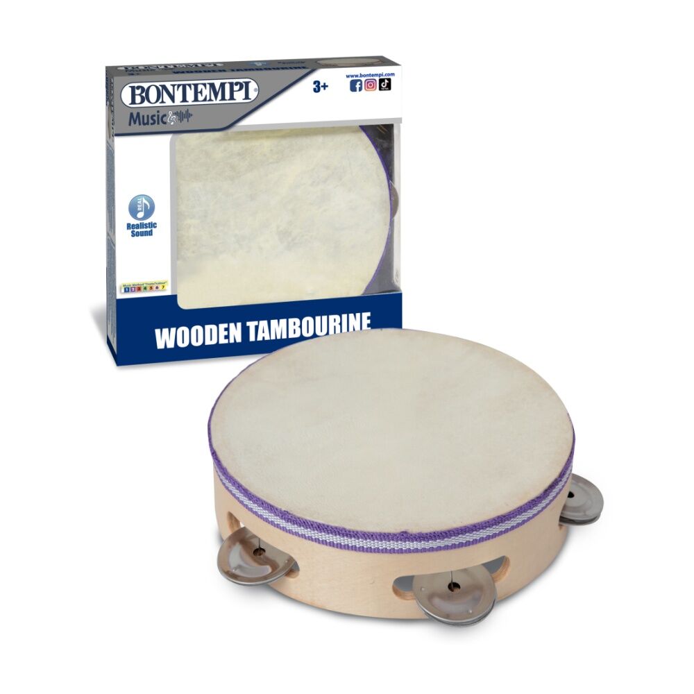 Bontempi Wooden Tambourine Membrane Cymbals Realistic Sound Natural 190mm Bontempi — image 2