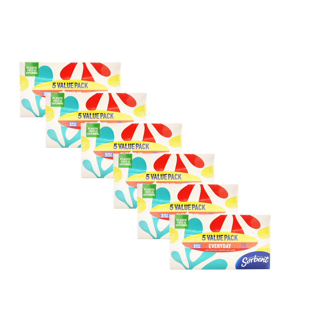 Sorbent 5x70pc Sorbent 3 Ply White Tissues Soft Durable Everyday Use Pack (6 Pack)