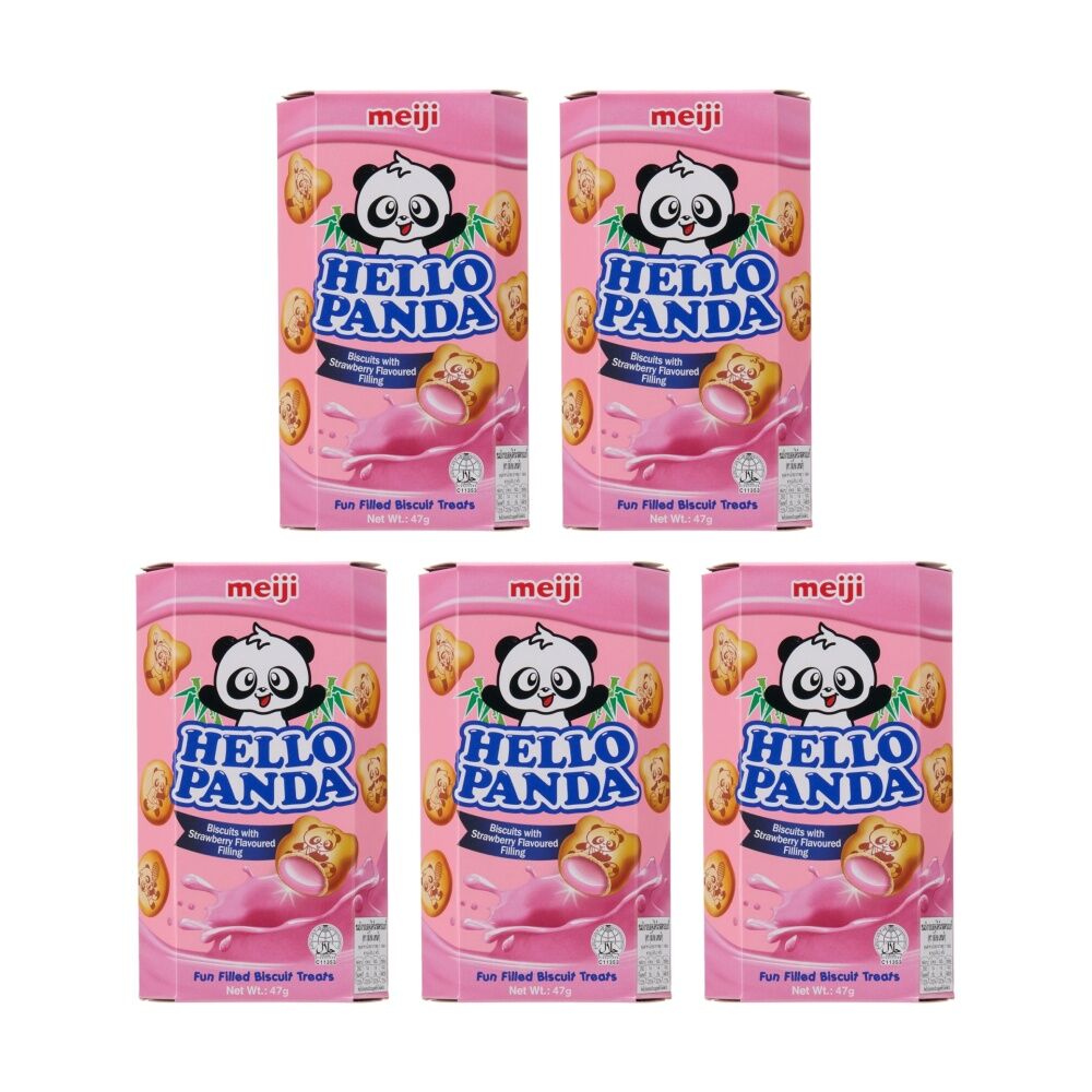 Meiji Hello Panda Biscuits Strawberry Flavoured Filling Treat 47g (5 Pack)