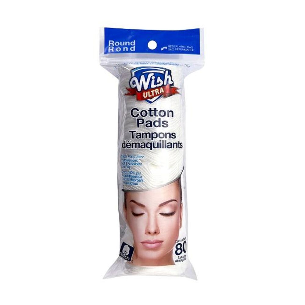 Wish 80pc Wish Ultra Round Pure Cotton Pads Hypoallergenic Absorbent (12 Pack) — image 2