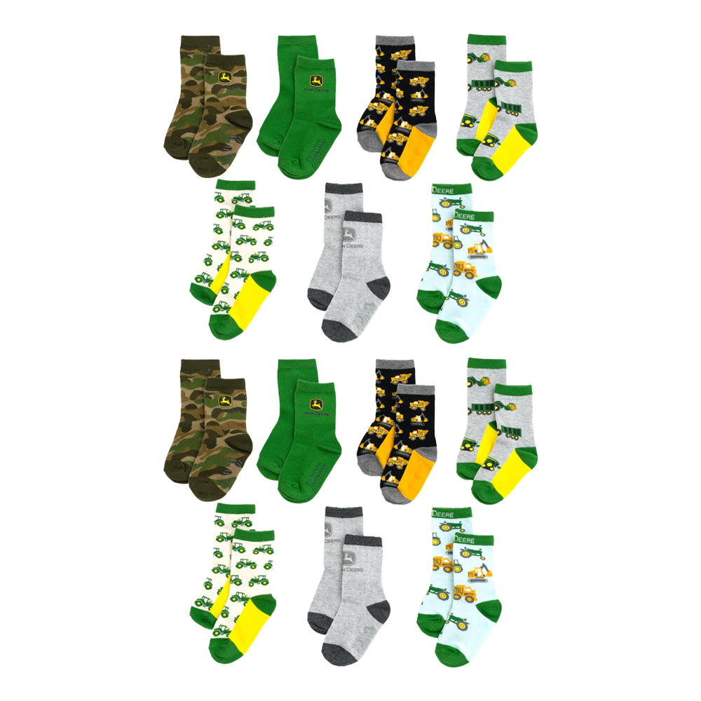 John Deere 2x 7PK 4-6Y Truck Non-Slip Grip Cotton Blend Crew Socks Set