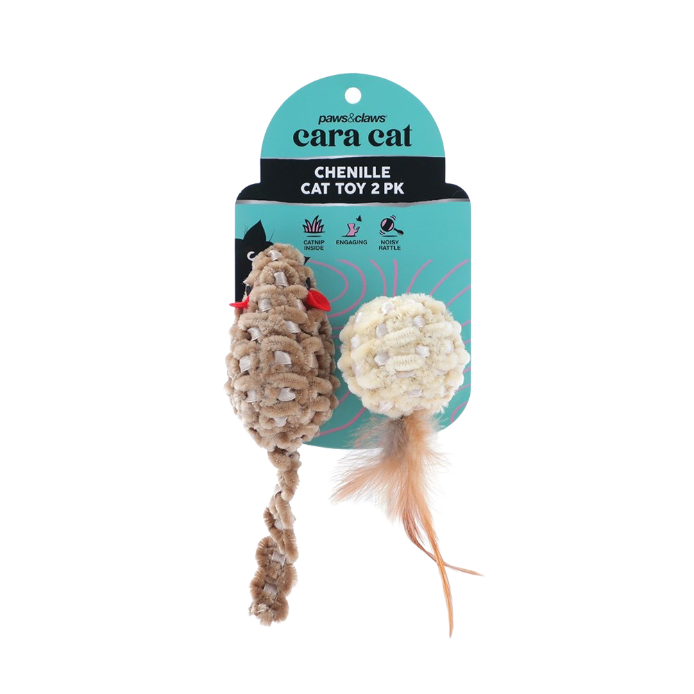 Paws and Claws Cara Cat Chenille Rattle Play Toy Set 7x3x3cm Assorted (2 Pieces)