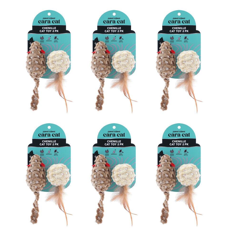 Paws and Claws 2pc Paws And Claws Cara Cat Chenille Rattle Play Toy Set 7x3x3cm Assorted (6 Pack)