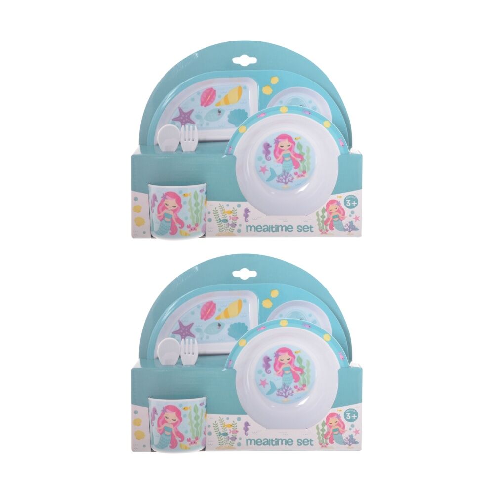Gibson Gifts Mermaids Kids Meal Dinner Set Melamine Plate Bowl Cup Cutlery (2 Pack)