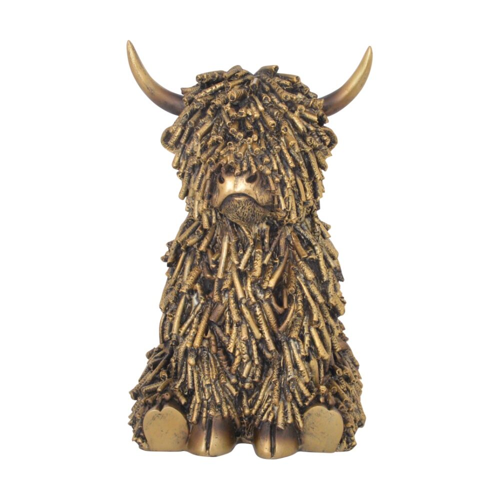 Gibson Gifts Shaggy Cow Sitting Figurine - Textured Highland Cow Decorative Statue - Bronze Polyresin