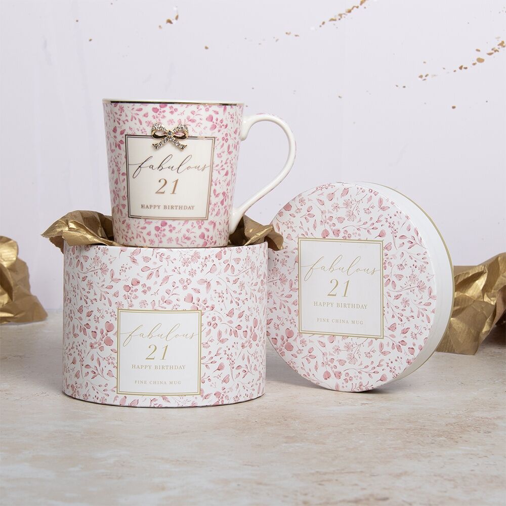 Madelaine Madelaine 21st Birthday Mug - Fine China With Pink Floral And Gold Accents - Gift Box Included