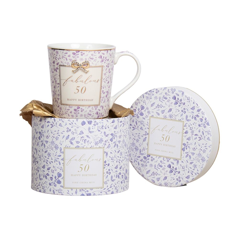 Madelaine Madelaine 50th Birthday Mug - Fine China With Lavender Botanical And Gold Accents - Gift Box Included