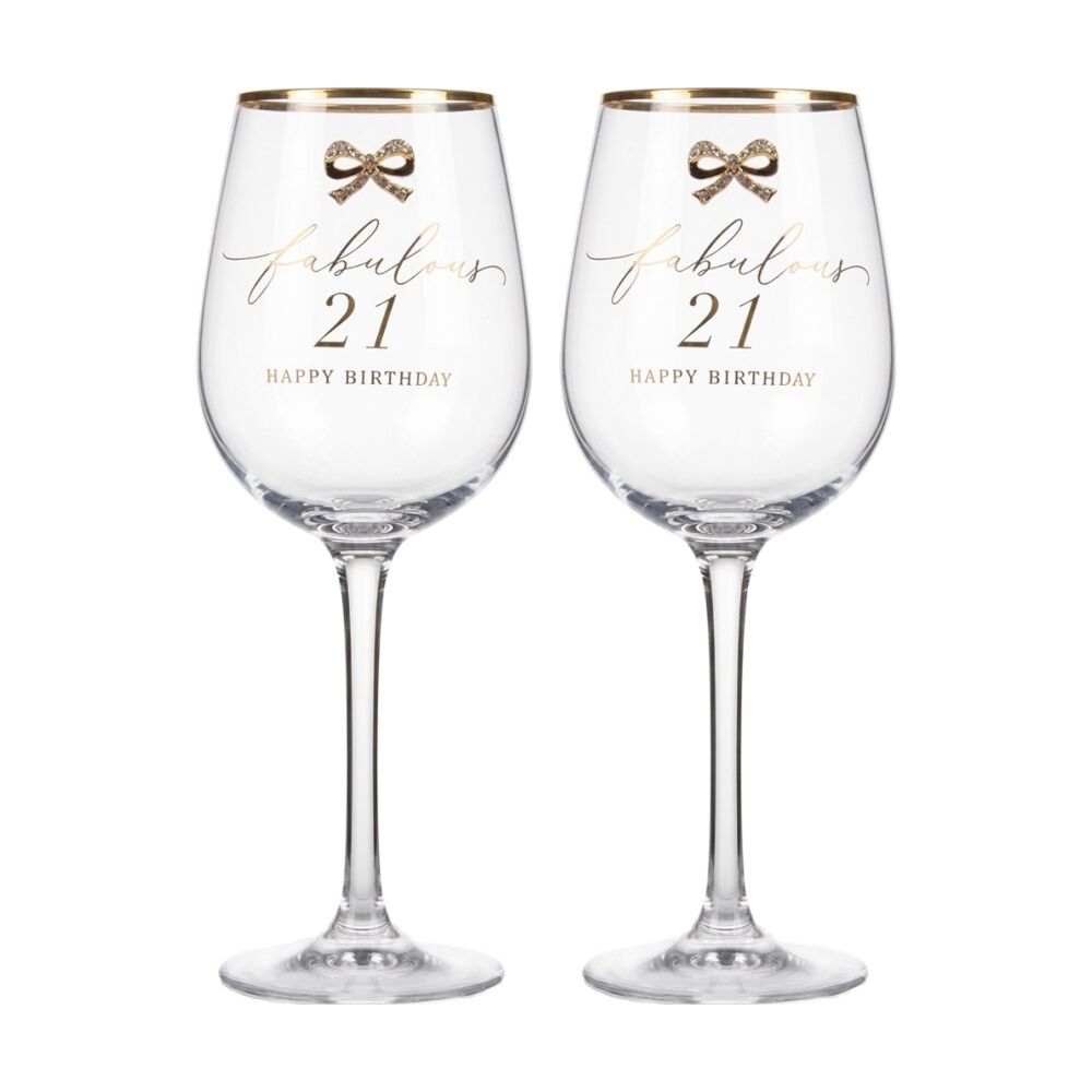 Madelaine 21st Script Bow Champagne/Red Wine Glass Stemmed Clear Gold (2 Pack)
