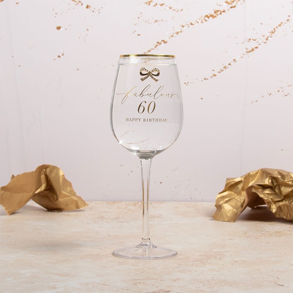Madelaine 60th Script Bow Champagne/Red Wine Glass Stemmed Clear Gold — image 2