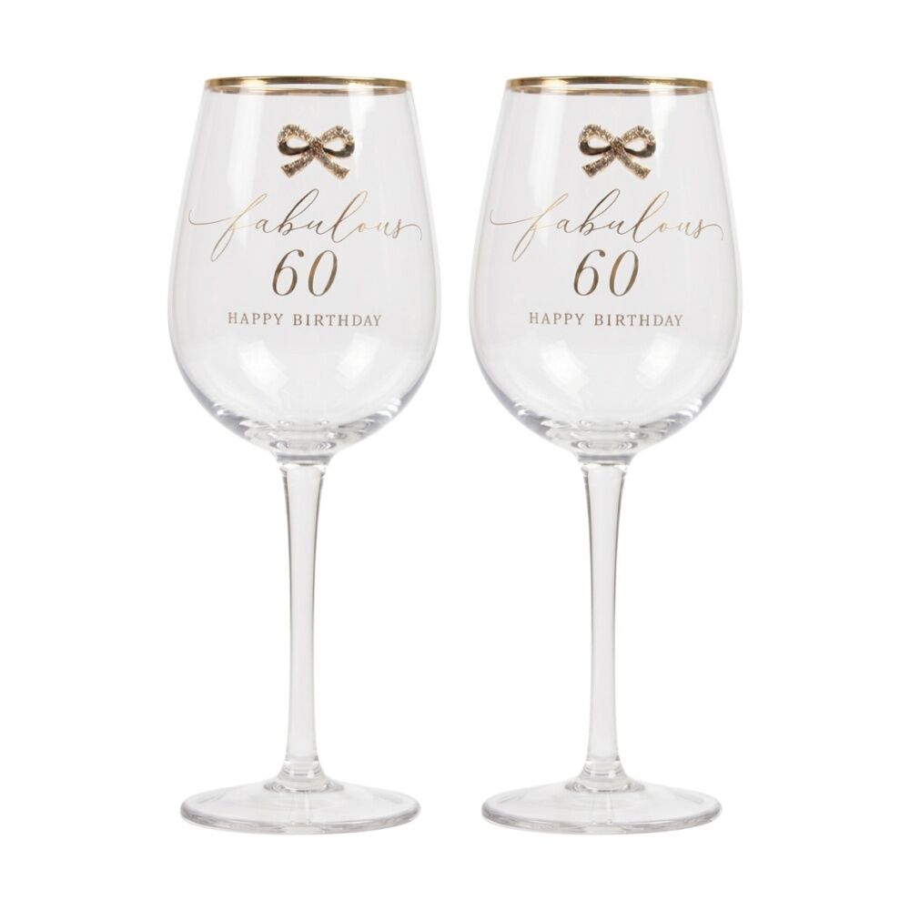 Madelaine 60th Script Bow Champagne/Red Wine Glass Stemmed Clear Gold (2 Pack)